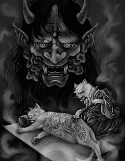 Peinture digitale Chats et Demon japonais by Ju