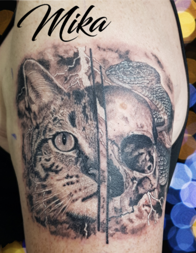 Tatouage chat et crane réaliste by Mika